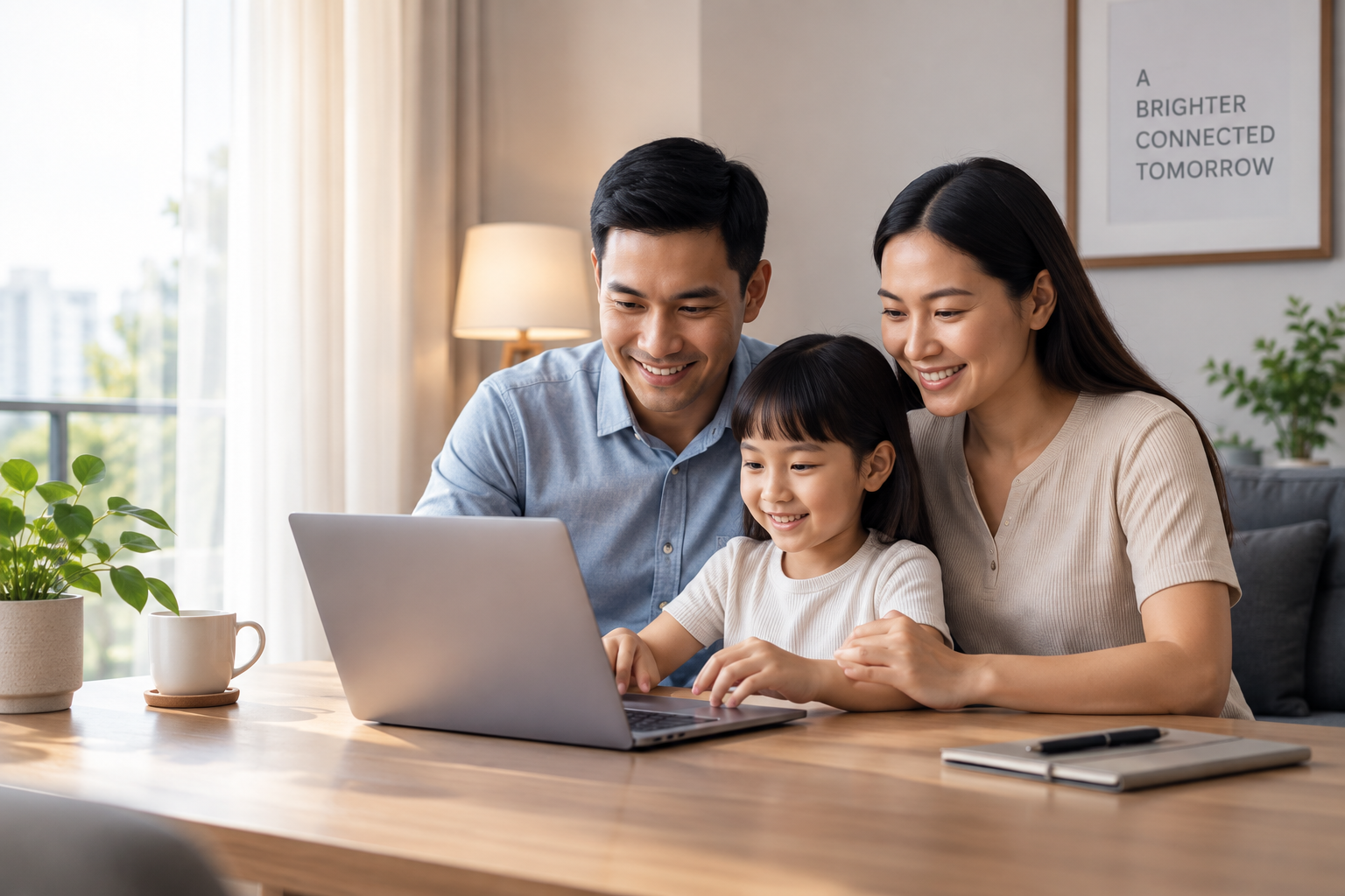 A family gathered around a laptop at home, connected on Fiber Ready internet